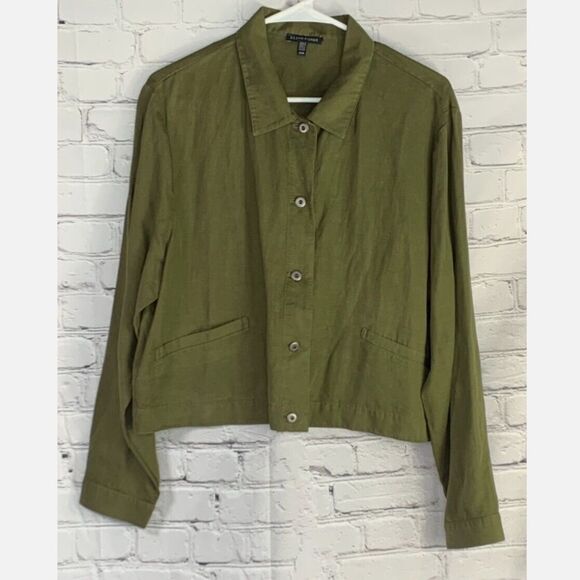 Eileen Fisher Lightweight Cropped Olive Green Button Down Jacket Tencel Linen M - Picture 2 of 10